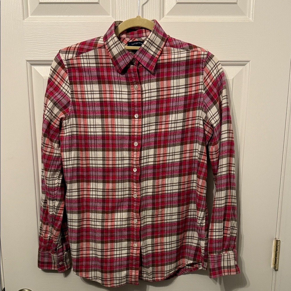 Lands' End Pink and White Plaid Flannel Shirt